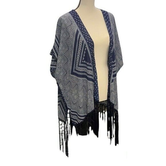 Maurices Womens Open Front Fringe Bottom Cardigan Size S/M Sleeve Blue White - Picture 7 of 12